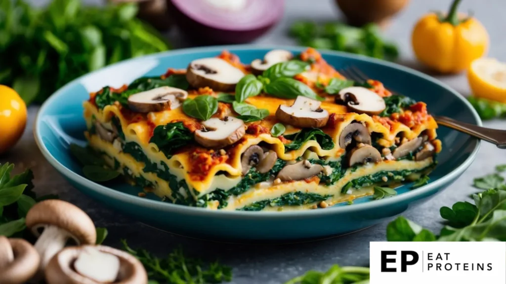 A colorful, layered lasagna dish with spinach, mushrooms, and vegan cheese, surrounded by fresh herbs and vegetables