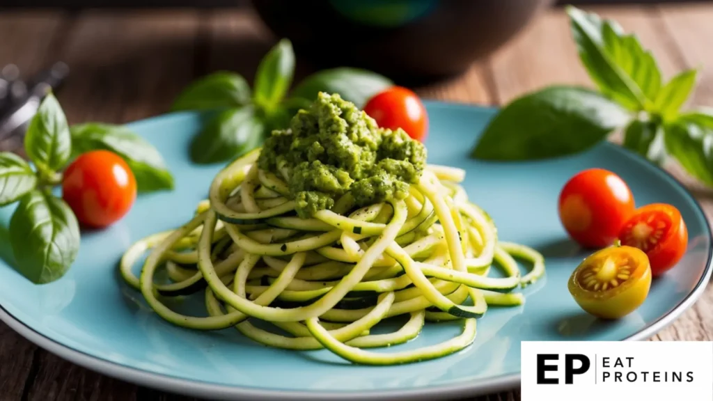 A colorful plate of zucchini noodles topped with vibrant green pesto, surrounded by fresh basil leaves and cherry tomatoes