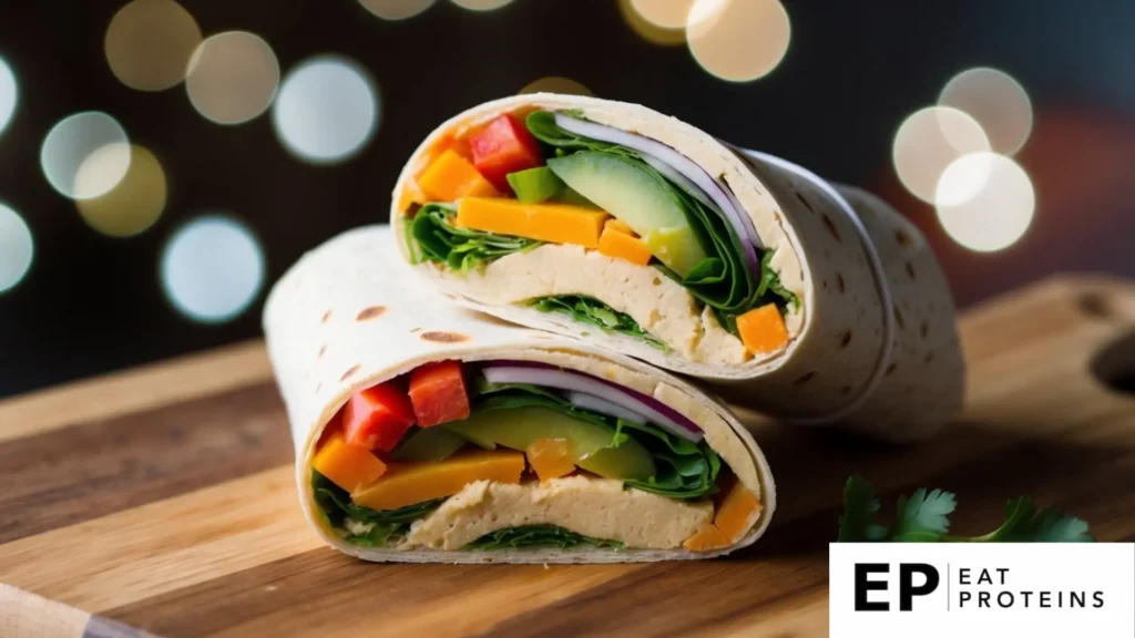 A whole grain wrap with a colorful array of fresh vegetables and a creamy hummus 