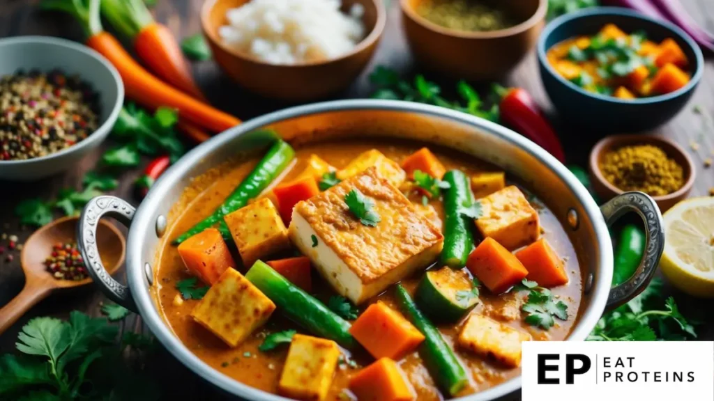 A colorful array of vegetables and tofu simmering in a fragrant curry sauce, surrounded by vibrant spices and herbs