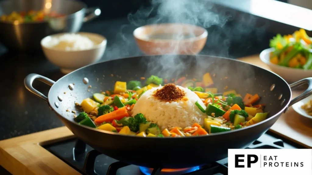 A sizzling wok filled with colorful vegetables, rice, and aromatic spices, emitting a mouth-watering aroma