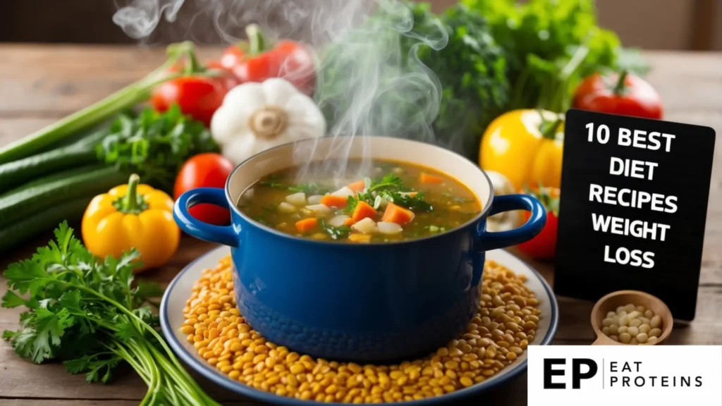 A steaming pot of vegetable lentil soup surrounded by fresh ingredients and a list of "10 best diet recipes for weight loss" nearby