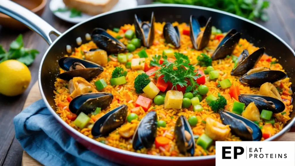 A colorful vegetable paella dish with mussels, surrounded by fresh ingredients like bell peppers, tomatoes, peas, and herbs, on a rustic wooden table