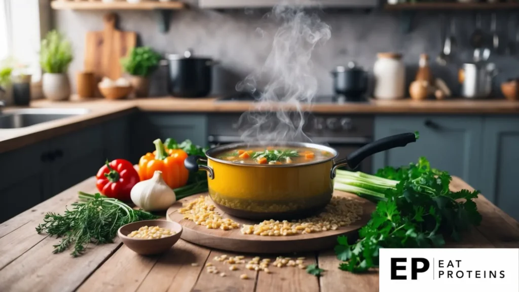 A steaming pot of vegetable soup with barley surrounded by fresh ingredients and herbs on a rustic kitchen counter