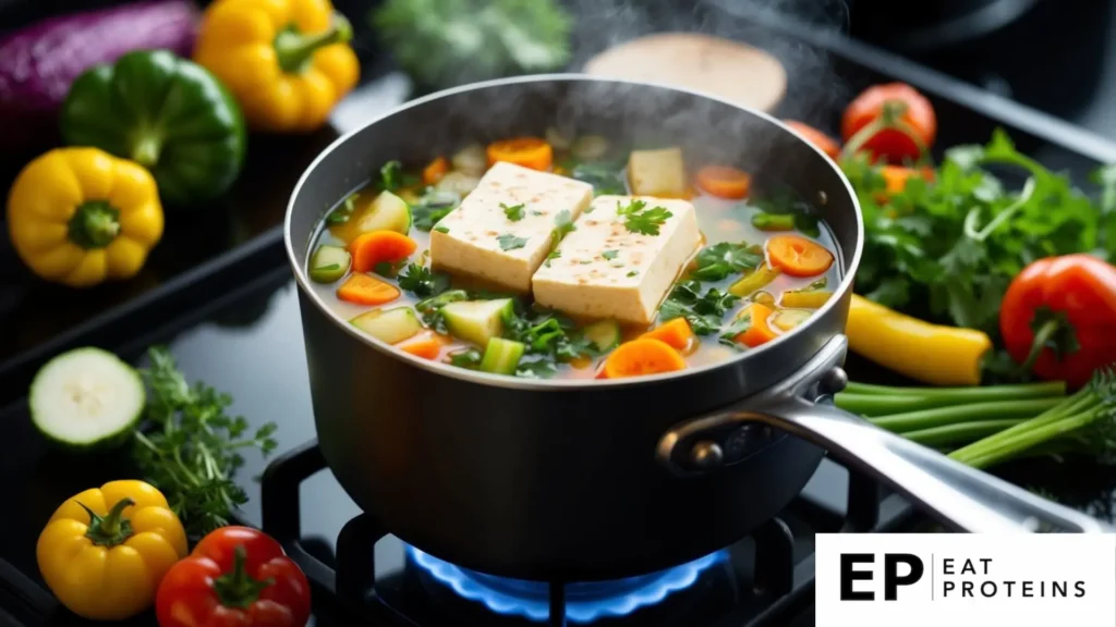 A pot of vegetable soup with tofu simmering on a stovetop, surrounded by colorful vegetables and herbs