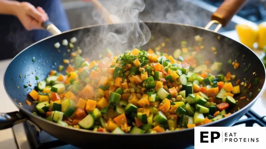 A colorful assortment of chopped vegetables sizzling in a hot wok, steam rising as they are tossed together with a flavorful low-fat sauce