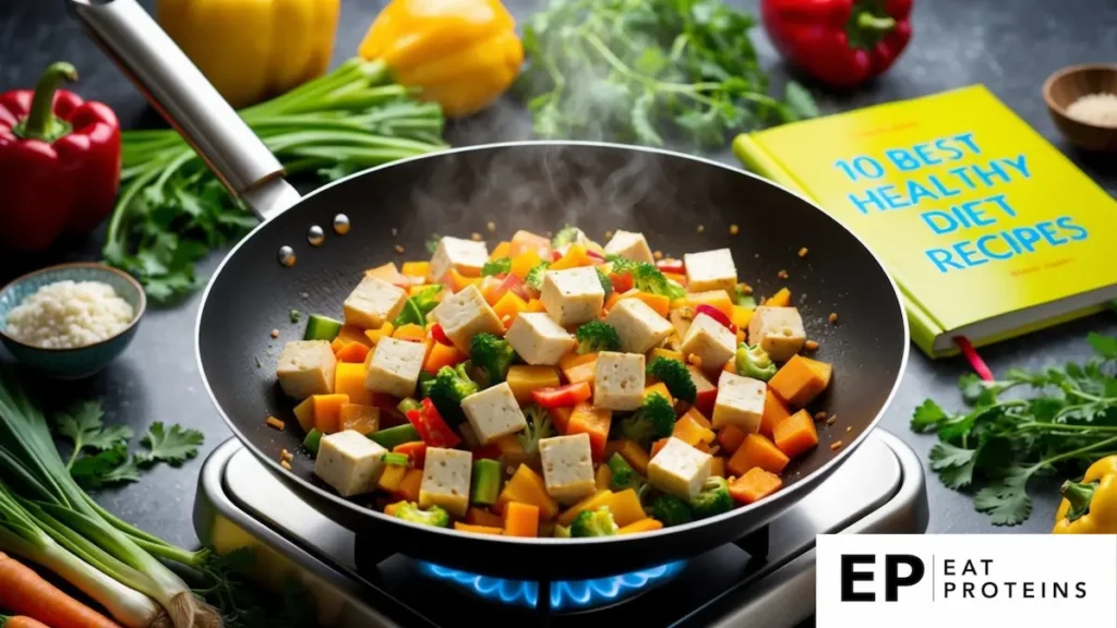 A sizzling wok filled with colorful vegetables and cubes of tofu, surrounded by fresh ingredients and a recipe book titled "10 best healthy diet recipes"