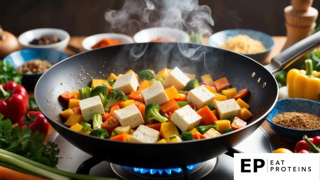 A sizzling wok filled with colorful vegetables and cubes of tofu, steam rising, surrounded by a variety of fresh ingredients and spices