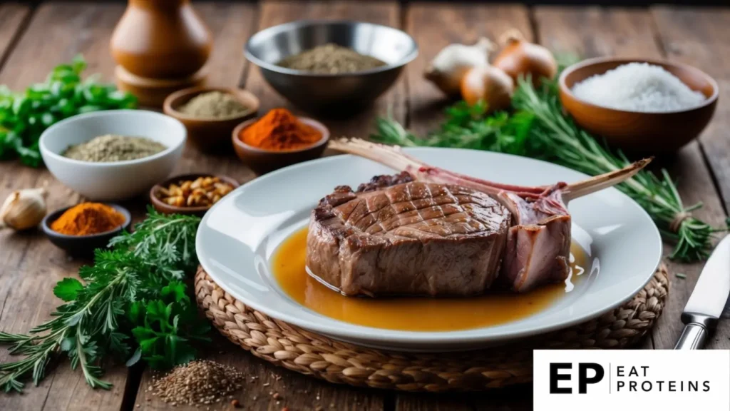 A rustic wooden table set with a plate of venison steaks, surrounded by fresh herbs, spices, and ingredients for carnivore diet recipes