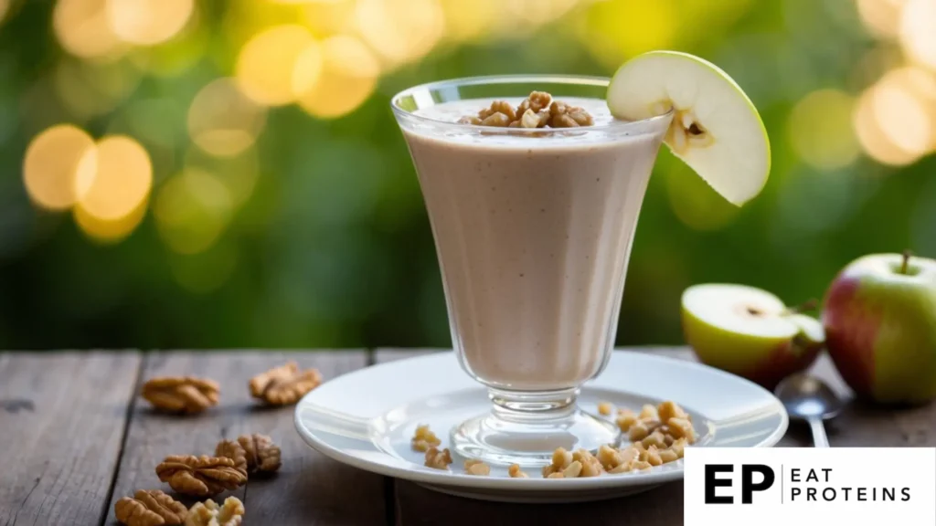 A glass filled with a creamy walnut and apple smoothie, garnished with a slice of apple and a sprinkle of crushed walnuts