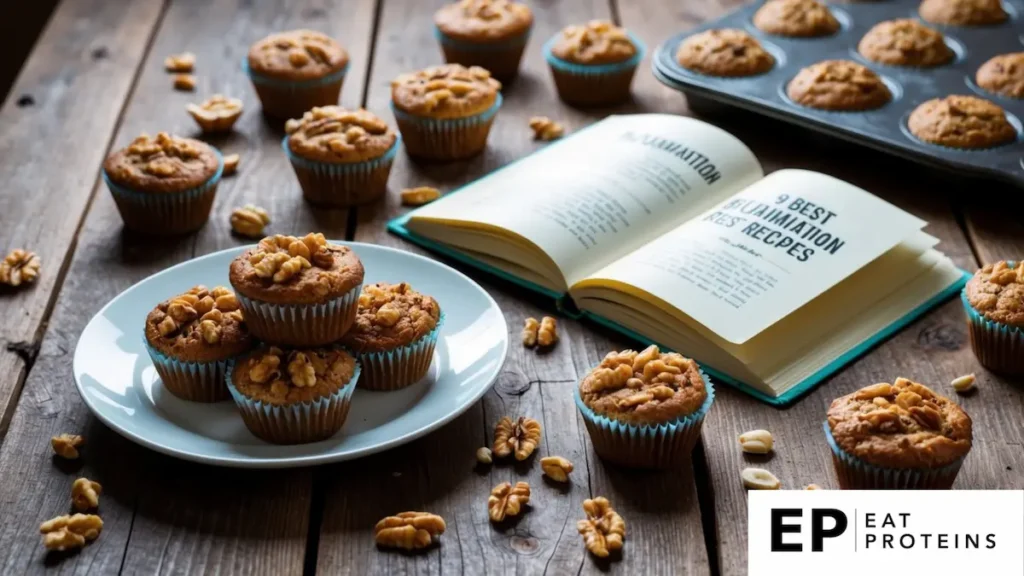 A rustic wooden table with a plate of walnut and flaxseed muffins, surrounded by scattered ingredients and a recipe book open to "9 best inflammation diet recipes."