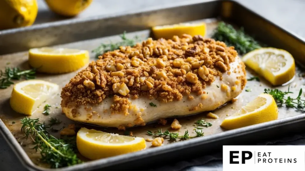 A golden-brown chicken breast coated in a crunchy walnut crust, resting on a baking sheet surrounded by fresh herbs and lemon wedges