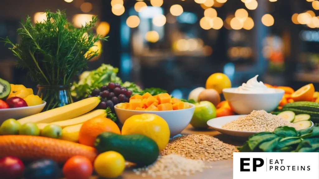 A table filled with colorful fruits, vegetables, and whole grains. A bowl of yogurt and a plate of lean protein sit nearby