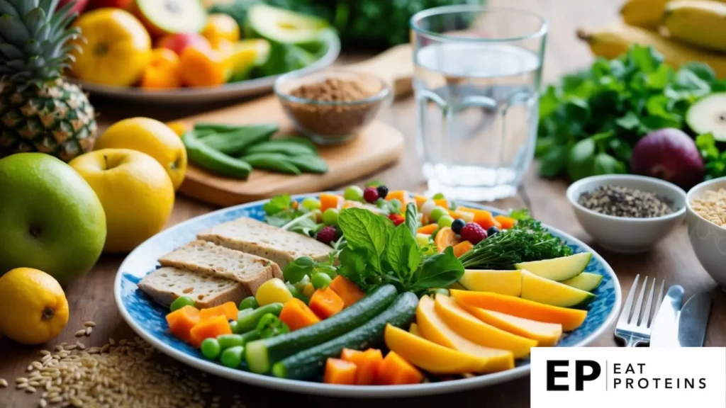 A table filled with fresh fruits, vegetables, lean proteins, and whole grains. A glass of water and herbal tea sit next to a plate of colorful, nutrient-rich dishes