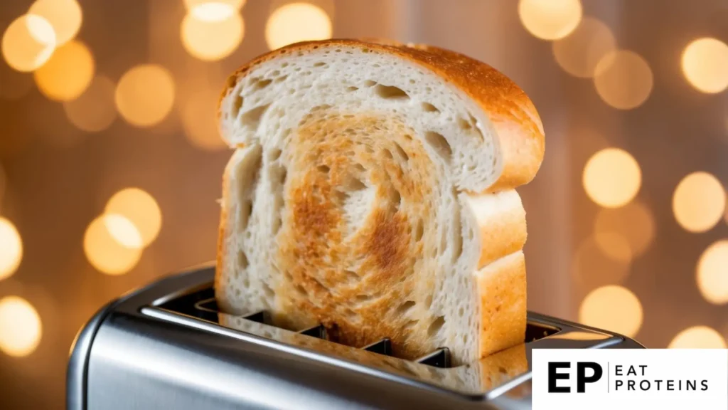 A slice of white bread toasting in a toaster, emitting a golden brown color and a slight aroma