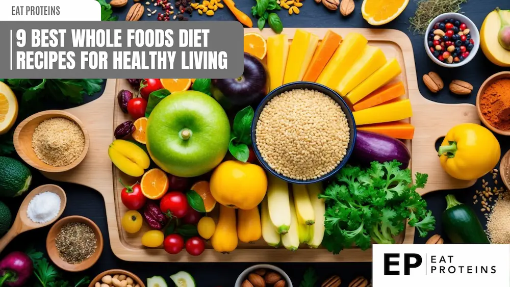 A colorful array of fresh fruits, vegetables, nuts, and grains arranged on a wooden cutting board, surrounded by vibrant herbs and spices