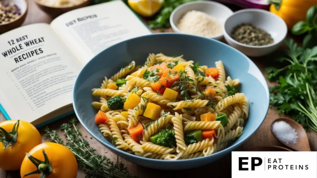 A bowl of whole wheat pasta with colorful vegetables and herbs, surrounded by ingredients and a recipe book open to "12 best gerd diet recipes."