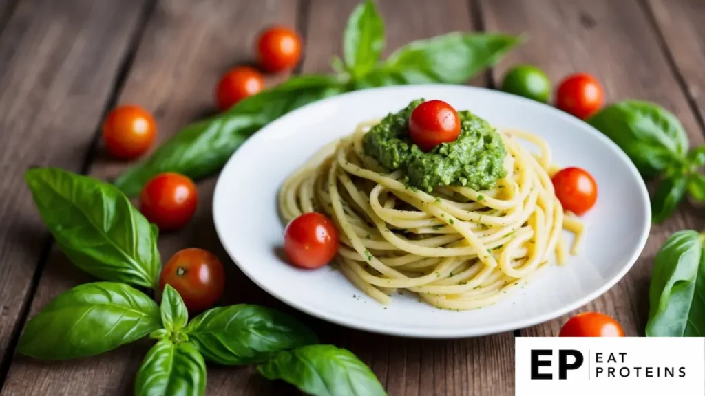 A plate of whole wheat pasta with pesto surrounded by fresh basil leaves and cherry tomatoes on a wooden table