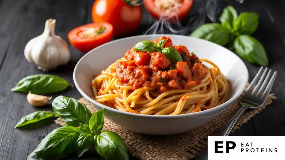 A steaming bowl of whole-wheat pasta topped with rich tomato basil sauce, surrounded by fresh ingredients like tomatoes, basil leaves, and garlic cloves