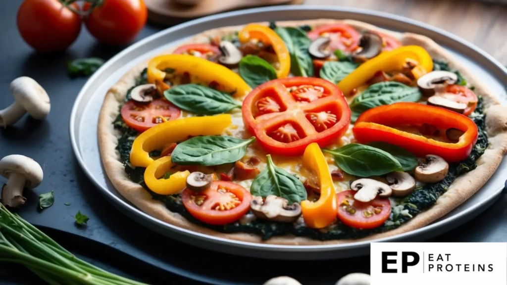 A colorful whole-wheat veggie pizza with bell peppers, tomatoes, spinach, and mushrooms arranged on a round baking tray