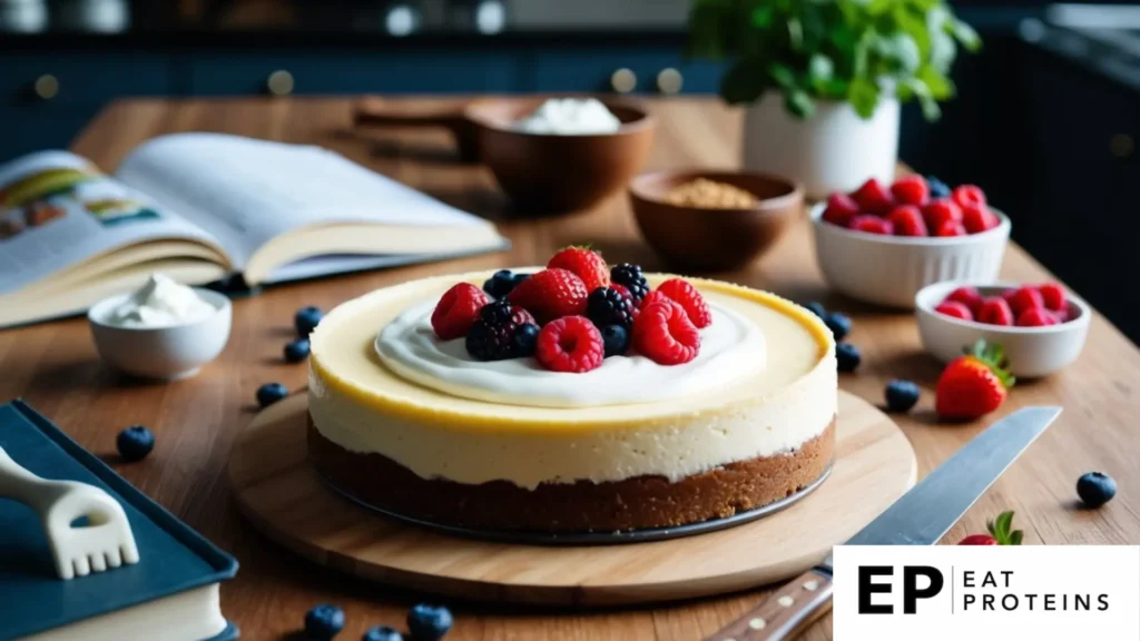 A table set with a creamy cheesecake topped with yogurt and fresh berries, surrounded by ingredients and a recipe book