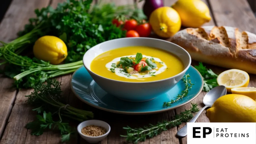 A rustic kitchen table with a bowl of vibrant Greek lemon soup surrounded by fresh herbs, vegetables, and a loaf of crusty bread