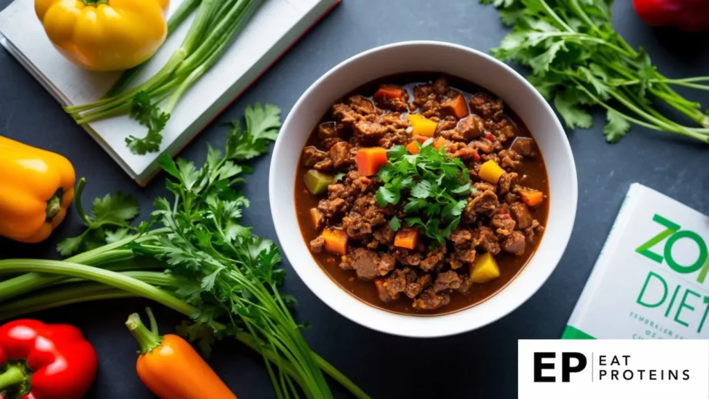 A bowl of chili with lean ground beef, surrounded by colorful vegetables and herbs, on a table with a zone diet book