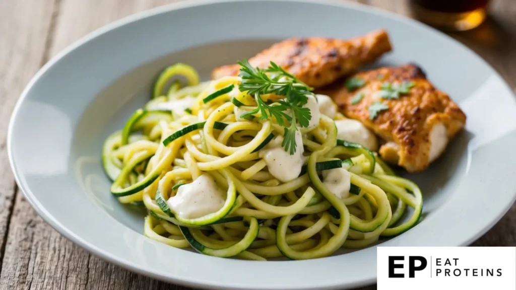 A bowl of zoodle alfredo topped with grilled chicken and white sauce