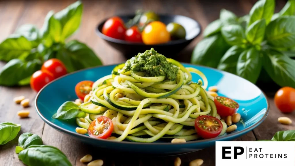 A colorful plate of zucchini noodles topped with vibrant green pesto, surrounded by fresh ingredients like basil, pine nuts, and cherry tomatoes