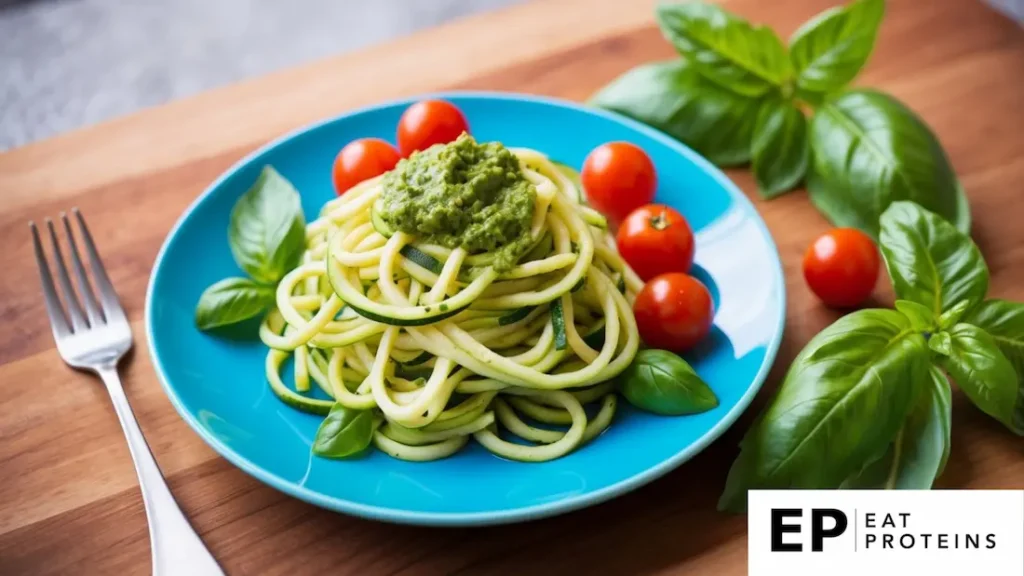 A colorful plate of zucchini noodles topped with vibrant green pesto, surrounded by fresh basil leaves and cherry tomatoes