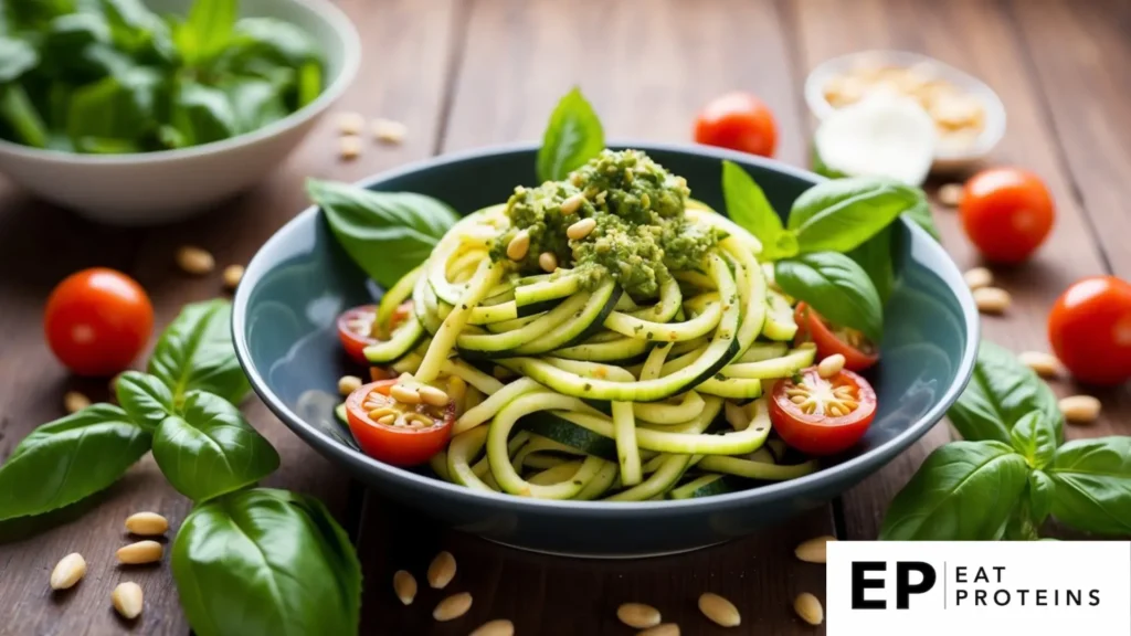 A bowl of zucchini noodles topped with pesto, surrounded by fresh basil leaves, pine nuts, and cherry tomatoes on a wooden table