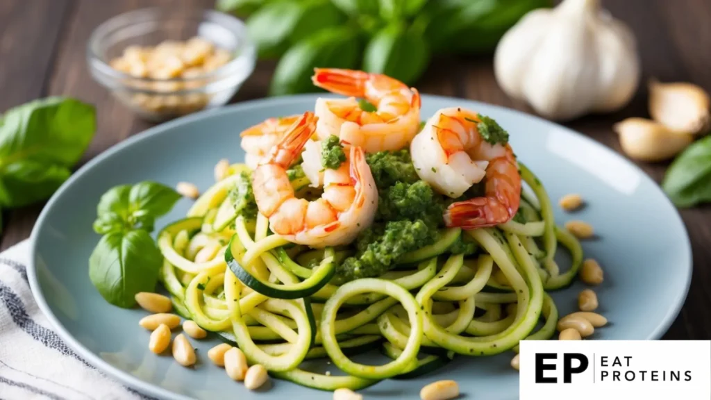 A plate of zucchini noodles topped with pesto and shrimp, surrounded by fresh ingredients like basil, garlic, and pine nuts