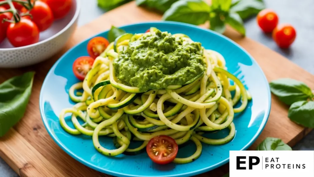 A colorful plate of zucchini noodles topped with vibrant green pesto sauce, surrounded by fresh ingredients like cherry tomatoes and basil leaves