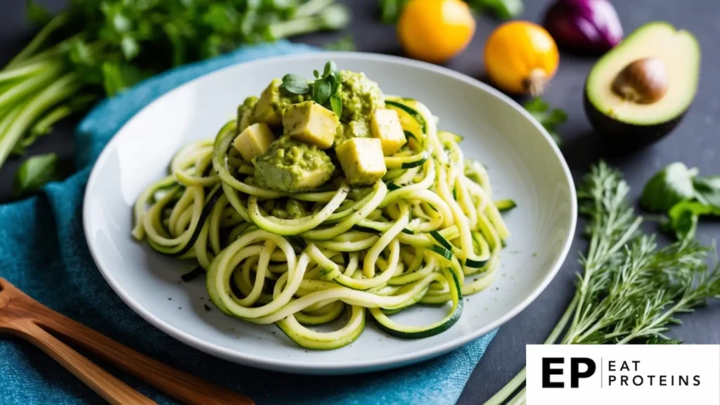 A colorful plate of zucchini noodles topped with creamy avocado pesto, surrounded by fresh herbs and vibrant vegetables