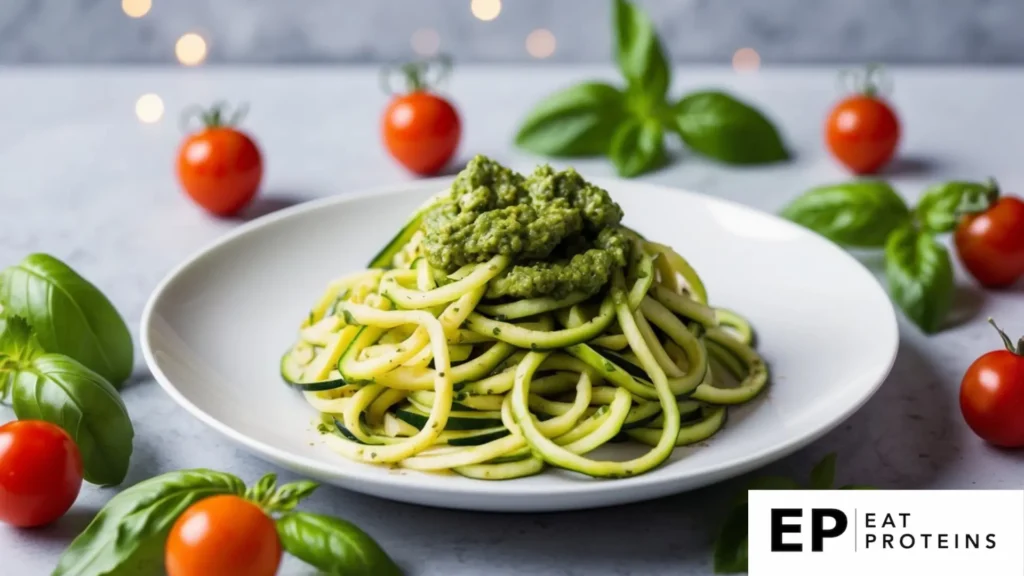 A plate of zucchini noodles topped with pesto sauce, surrounded by fresh basil leaves and cherry tomatoes