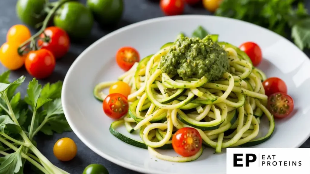 A plate of zucchini noodles topped with pesto, surrounded by vibrant green herbs and colorful cherry tomatoes