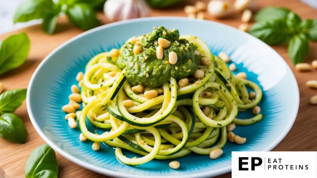 A colorful plate of zucchini noodles topped with vibrant pesto sauce, surrounded by fresh ingredients like basil, pine nuts, and garlic