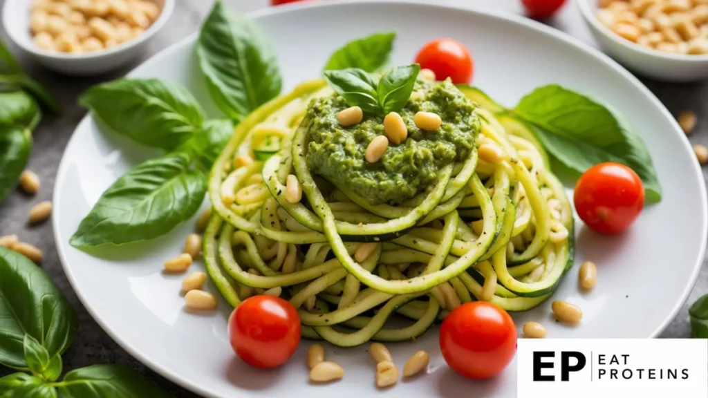 A plate of zucchini noodles topped with pesto sauce surrounded by fresh basil leaves, cherry tomatoes, and pine nuts