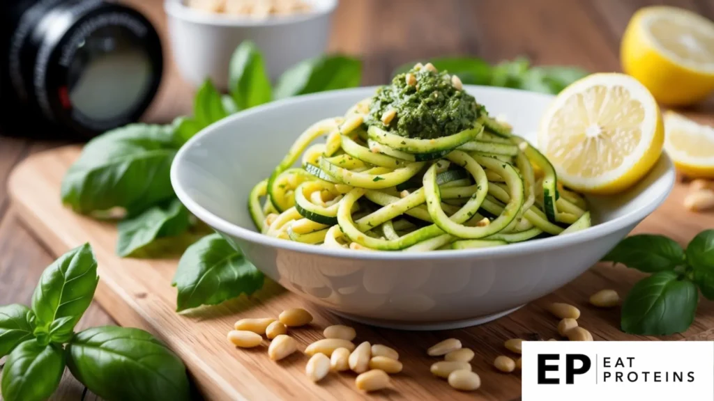 A bowl of zucchini noodles topped with pesto, surrounded by fresh basil leaves, pine nuts, and a lemon wedge