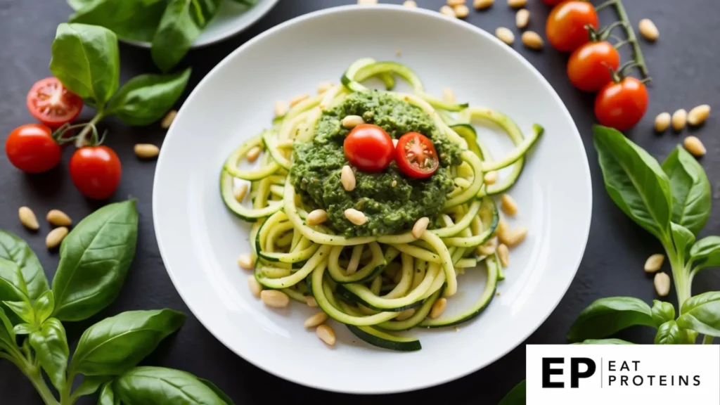 A plate of zucchini noodles topped with pesto, surrounded by fresh basil, pine nuts, and cherry tomatoes