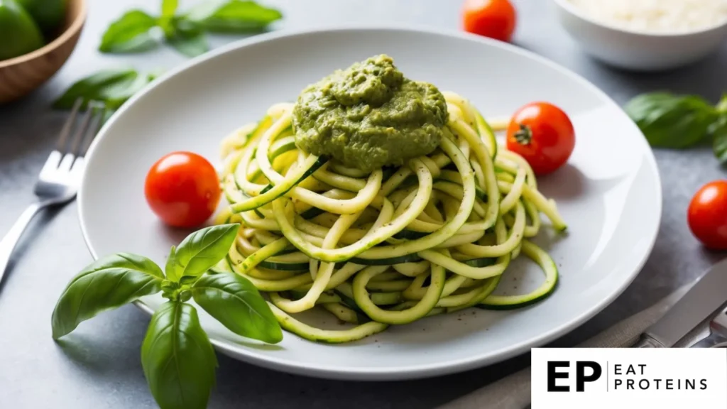 A plate of zucchini noodles topped with pesto sauce, surrounded by fresh basil leaves and cherry tomatoes