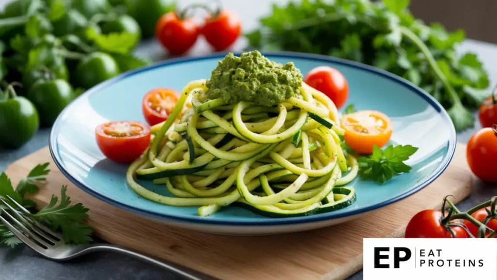 A colorful plate of zucchini noodles topped with vibrant green pesto, surrounded by fresh herbs and cherry tomatoes