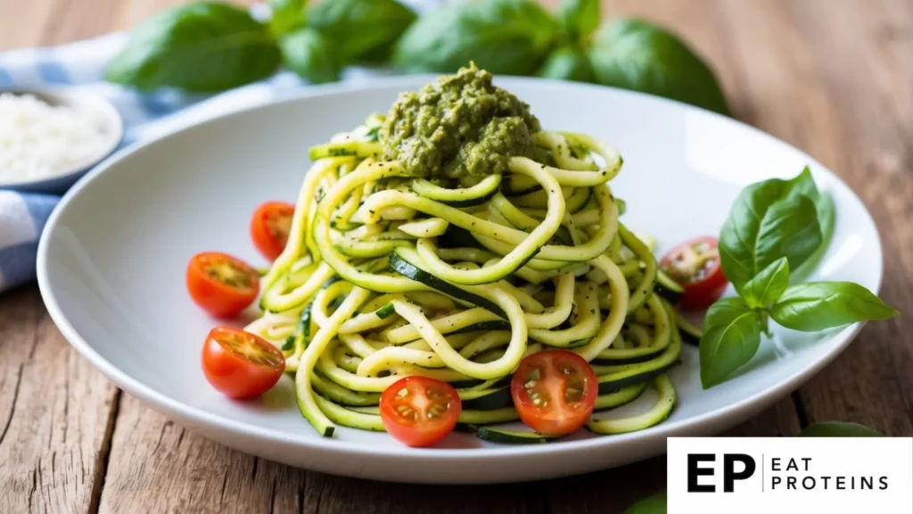 A plate of zucchini noodles topped with pesto sauce, surrounded by fresh basil leaves and cherry tomatoes