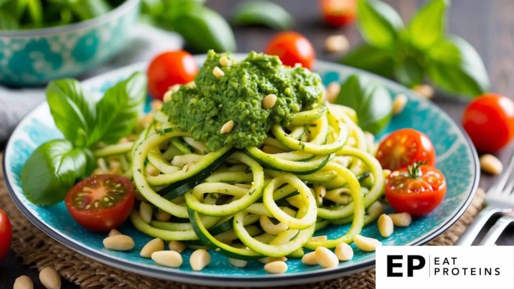 A colorful plate of zucchini noodles topped with vibrant green pesto, surrounded by fresh ingredients like basil, pine nuts, and cherry tomatoes