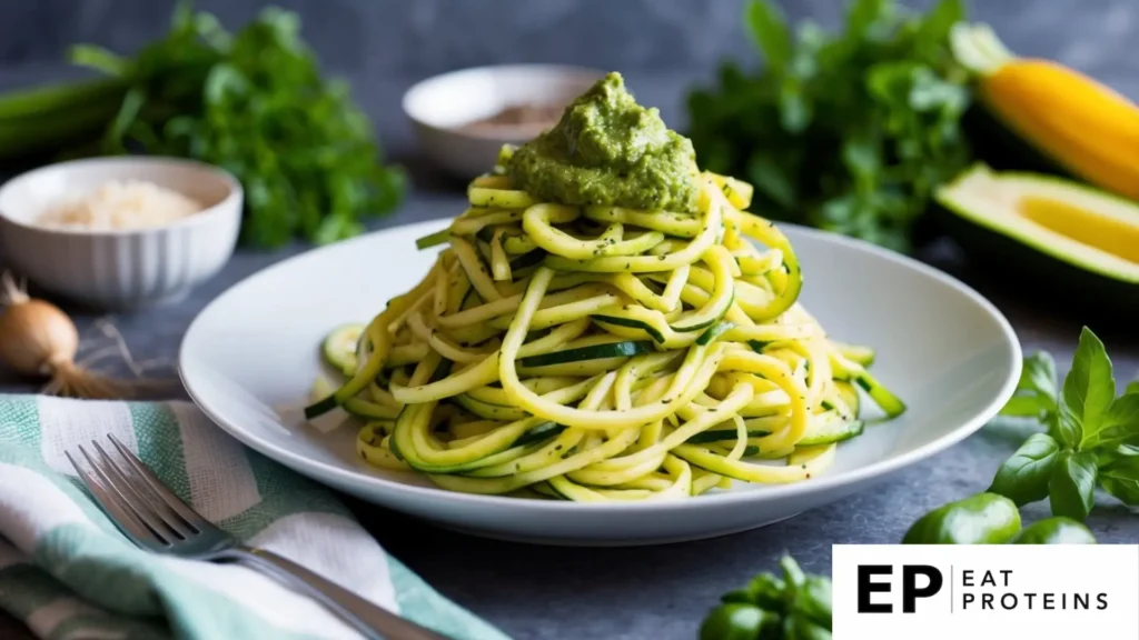 A colorful pile of zucchini noodles topped with vibrant green pesto sauce, surrounded by fresh herbs and ingredients