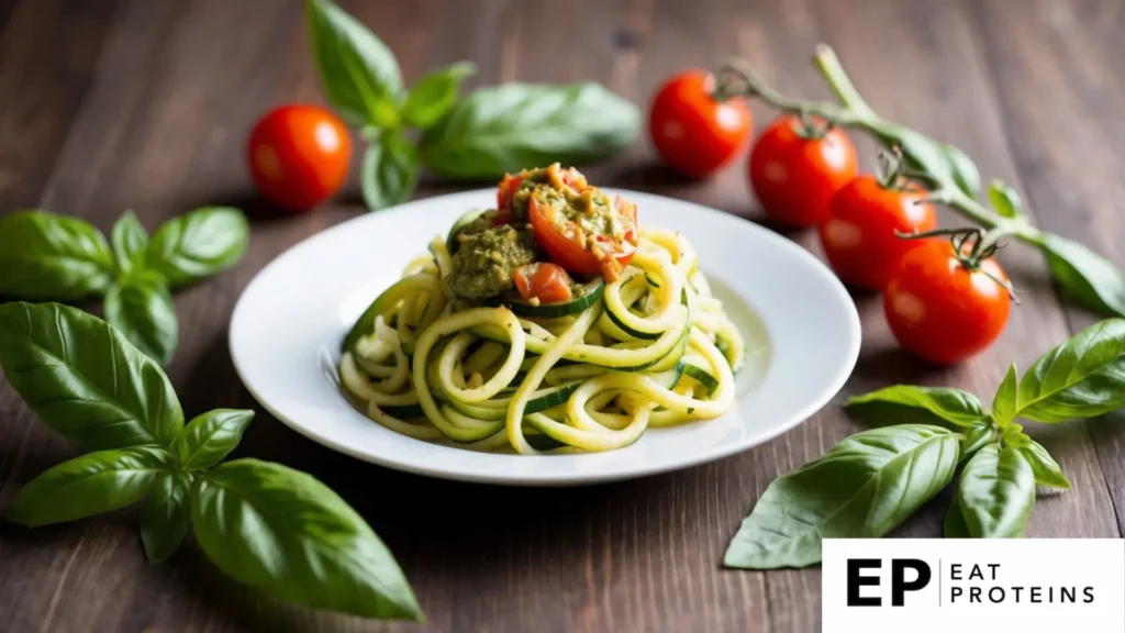 A plate of zucchini noodles topped with pesto sauce, surrounded by fresh basil leaves and cherry tomatoes