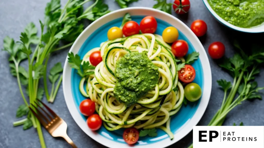 A colorful plate of zucchini noodles with vibrant green pesto sauce, surrounded by fresh herbs and cherry tomatoes