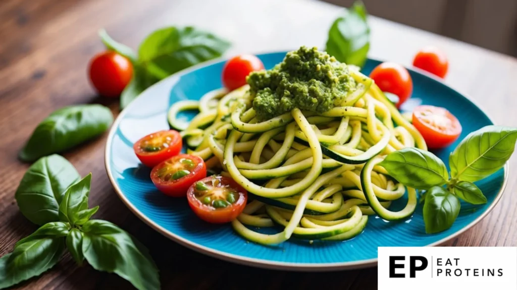 A colorful plate of zucchini noodles topped with vibrant green pesto, surrounded by fresh basil leaves and cherry tomatoes