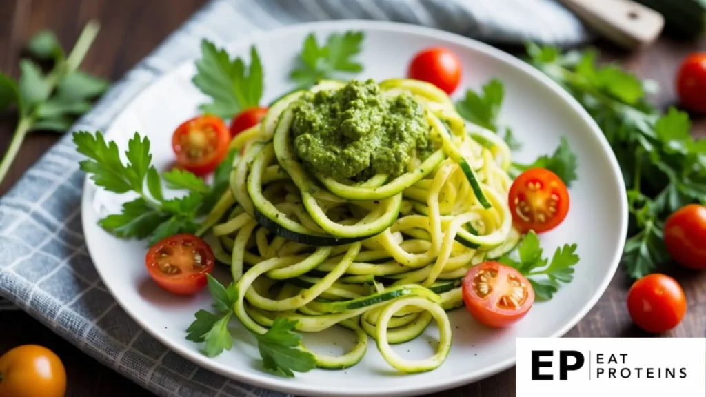 A colorful plate of zucchini noodles topped with vibrant green pesto, surrounded by fresh herbs and cherry tomatoes