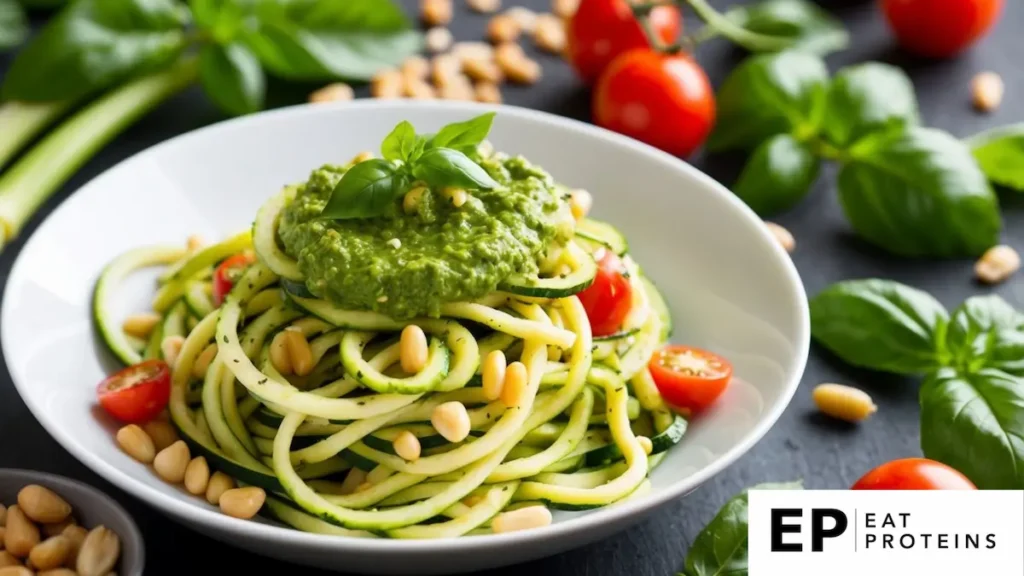 A colorful bowl of zucchini noodles topped with vibrant green pesto sauce, surrounded by fresh ingredients like basil, pine nuts, and cherry tomatoes